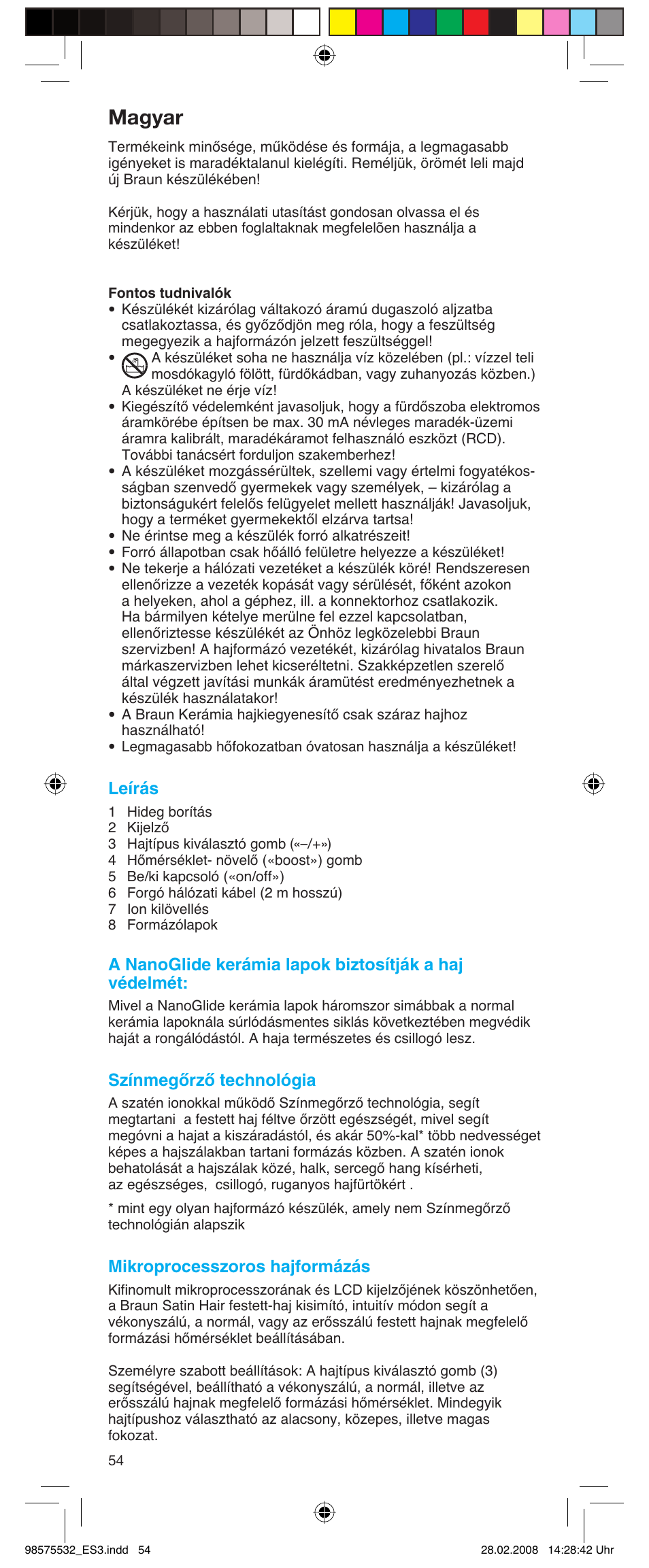 Magyar, Leírás, Színmegőrző technológia | Mikroprocesszoros hajformázás | Braun Satin Hair ES 3 User Manual | Page 52 / 81