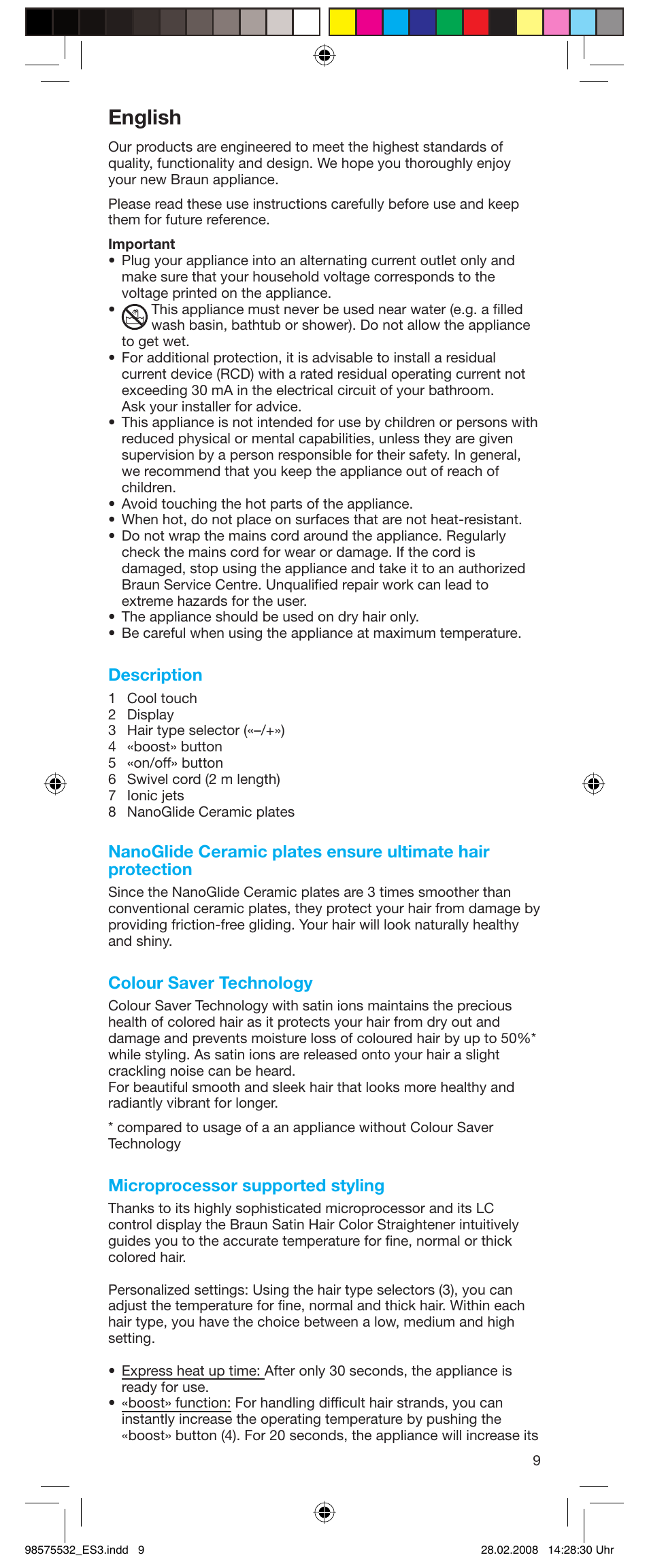 English, Description, Colour saver technology | Microprocessor supported styling | Braun Satin Hair ES 3 User Manual | Page 7 / 81
