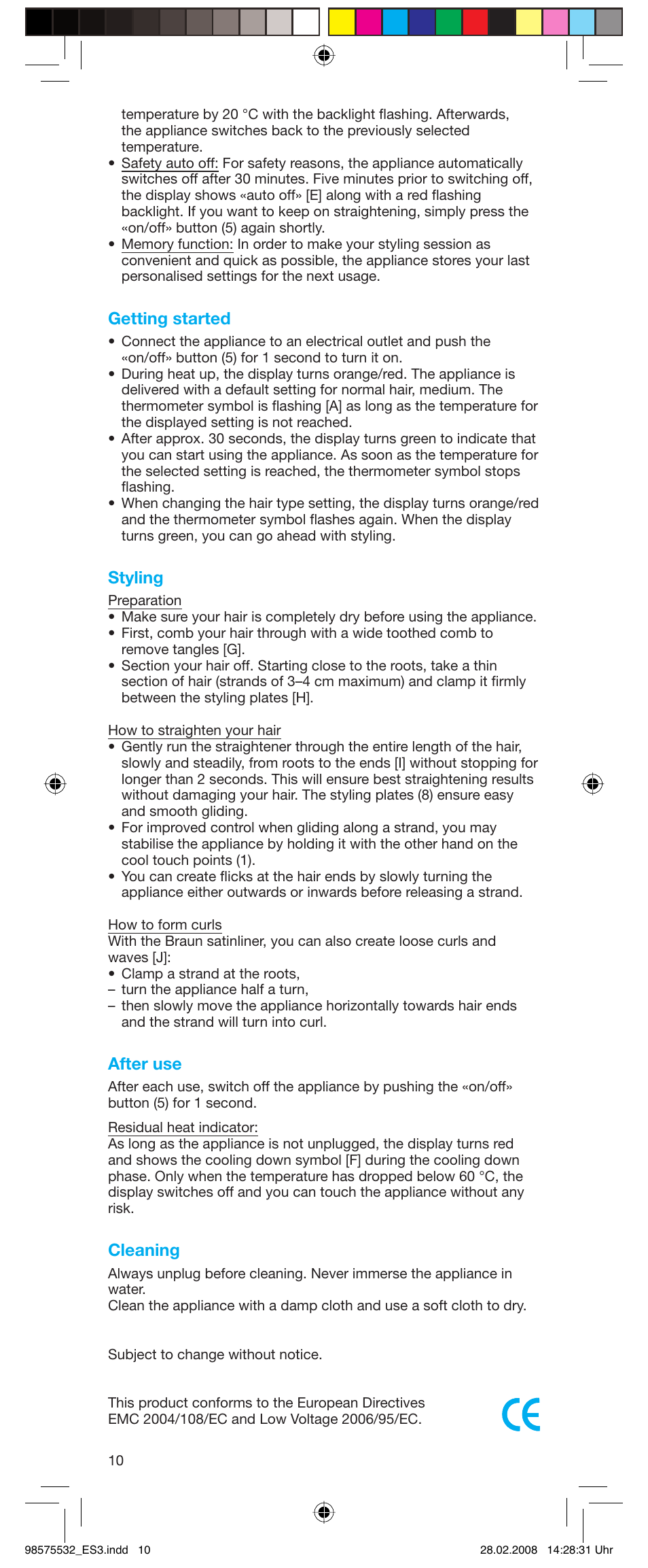 Getting started, Styling, After use | Cleaning | Braun Satin Hair ES 3 User Manual | Page 8 / 81