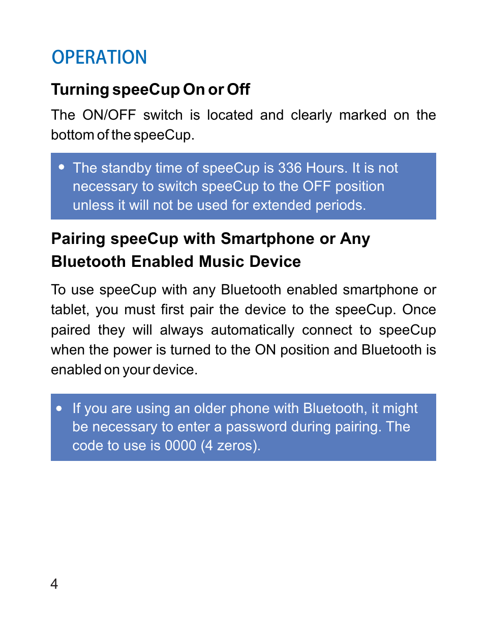 Stereo audio output to home system, Operation | iCreation speeCup Product Information Guide User Manual | Page 5 / 16