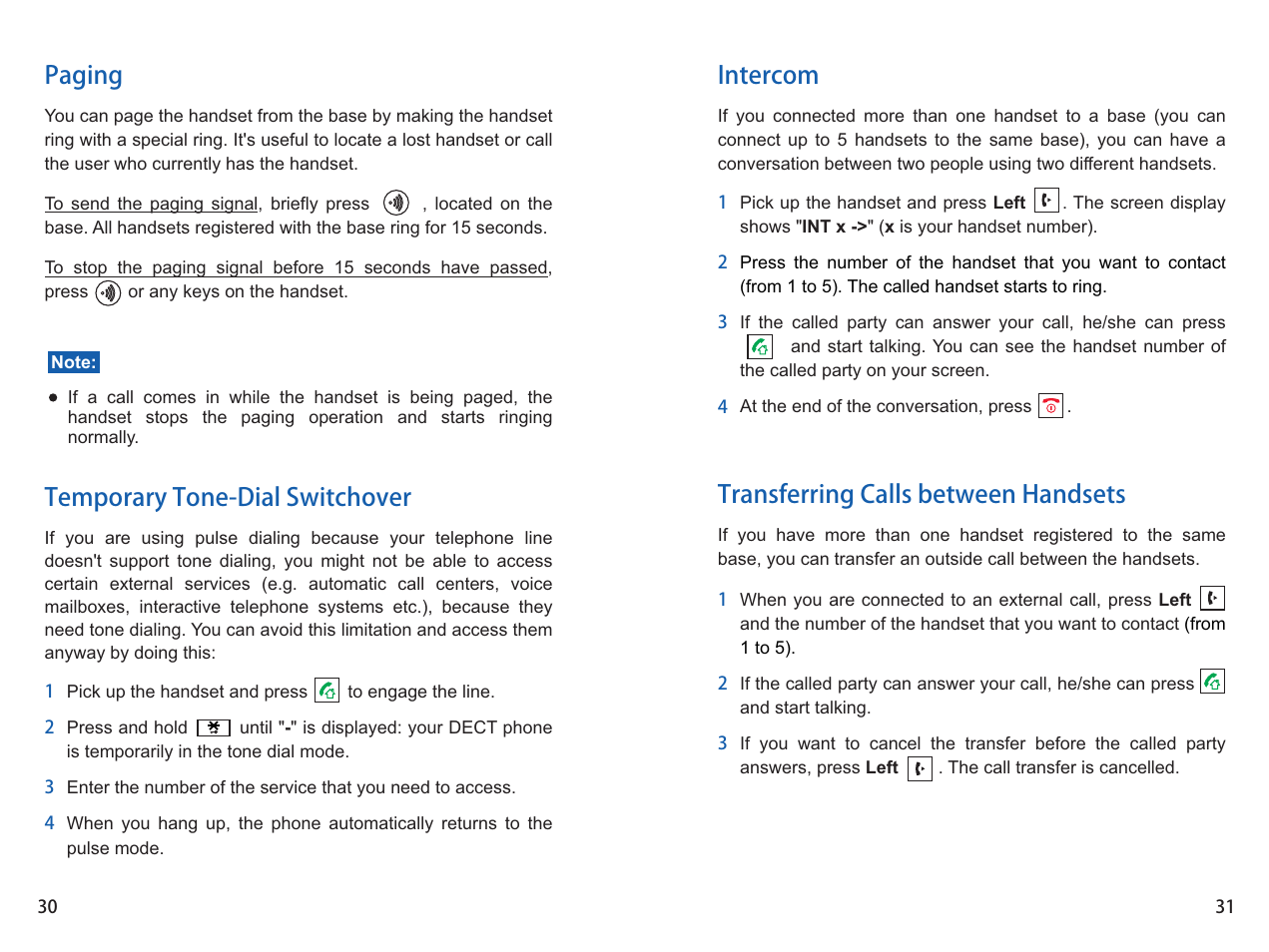 Intercom transferring calls between handsets, Paging temporary tone-dial switchover | iCreation i-700 User Manual | Page 31 / 62