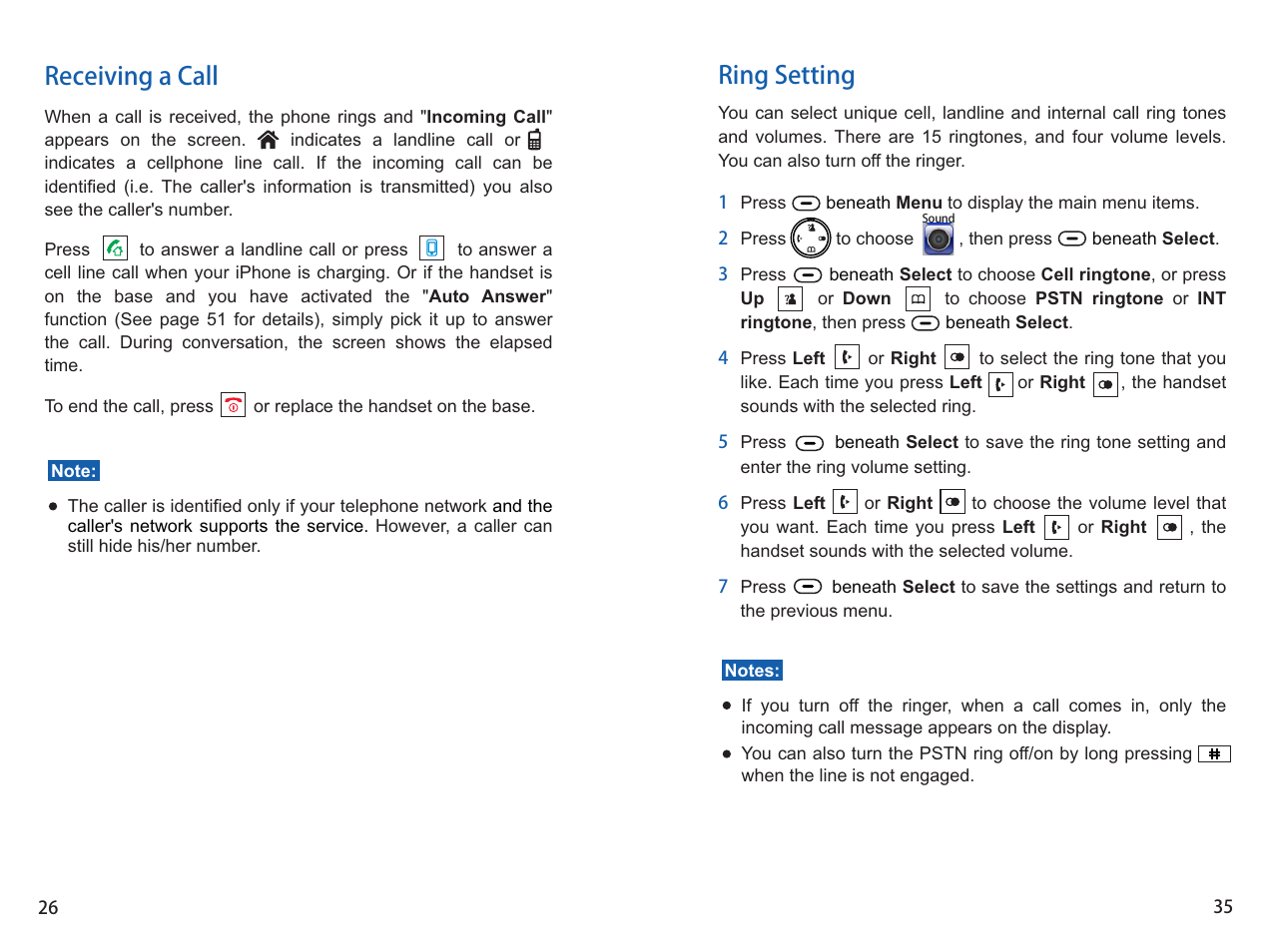 Ring setting, Receiving a call | iCreation i-700 User Manual | Page 36 / 62