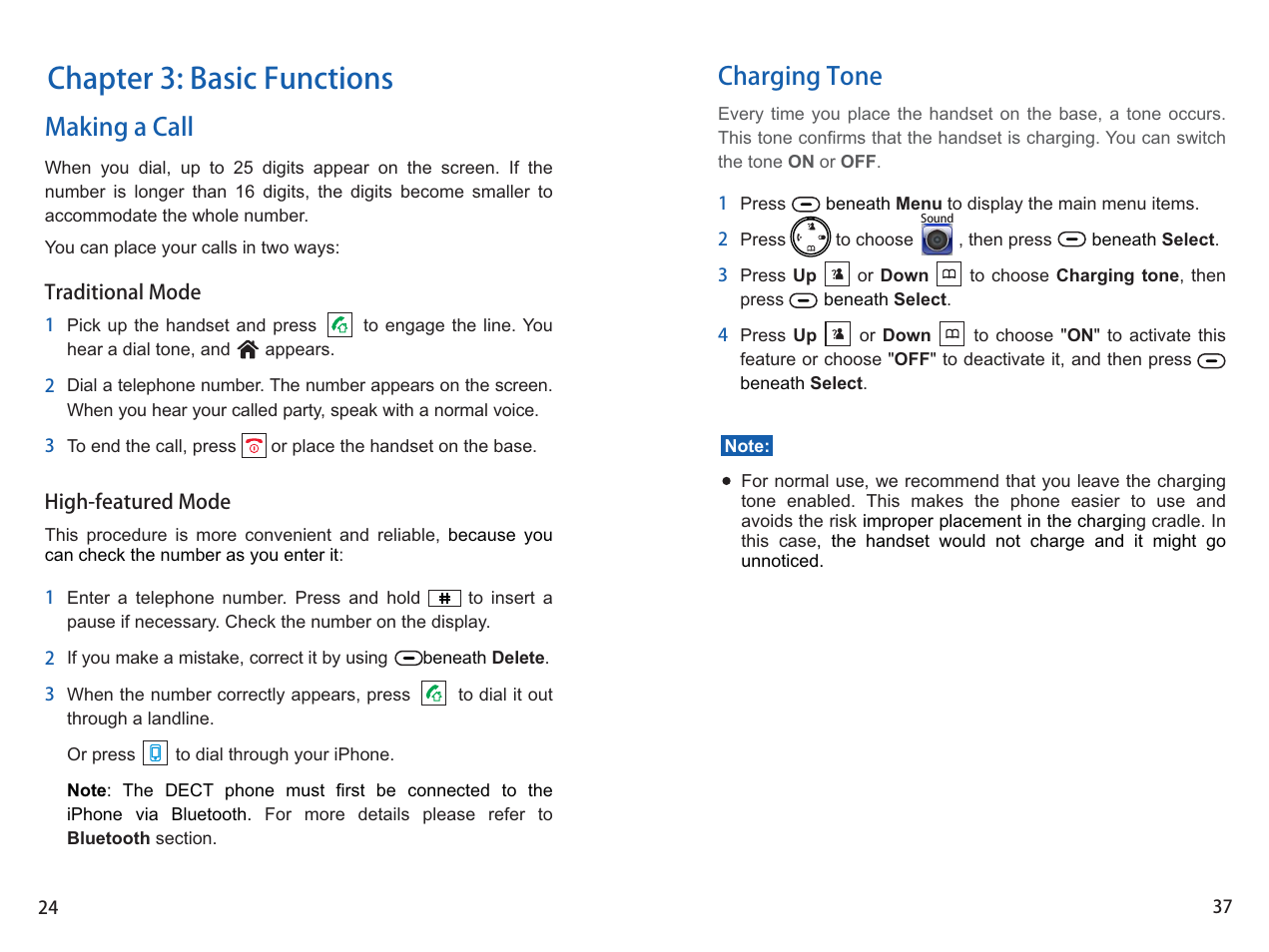 Chapter 3: basic functions, Charging tone, Making a call | iCreation i-700 User Manual | Page 38 / 62