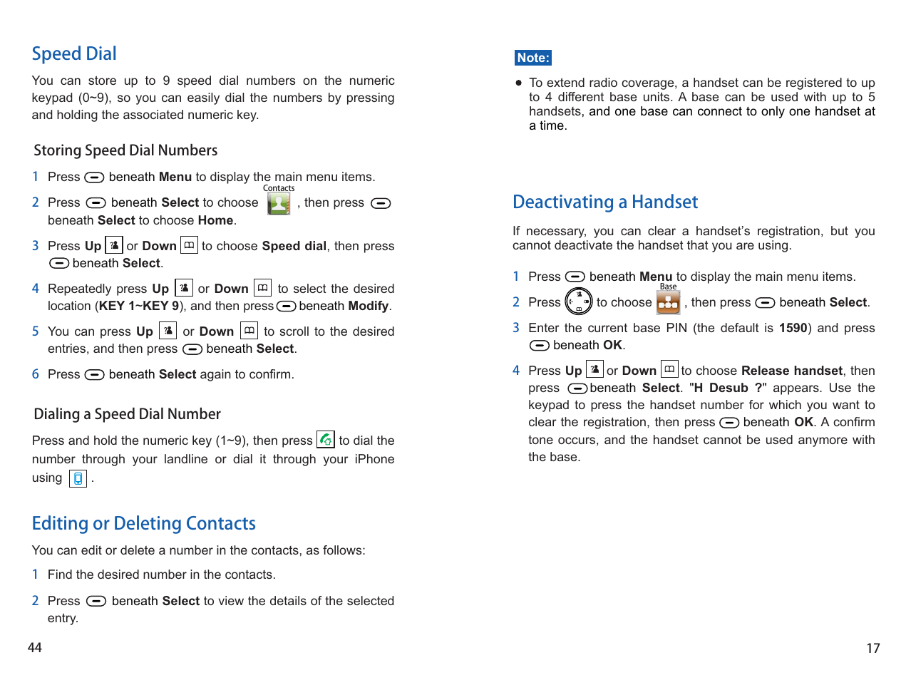 Deactivating a handset, Speed dial, Editing or deleting contacts | iCreation i-700 User Manual | Page 45 / 62