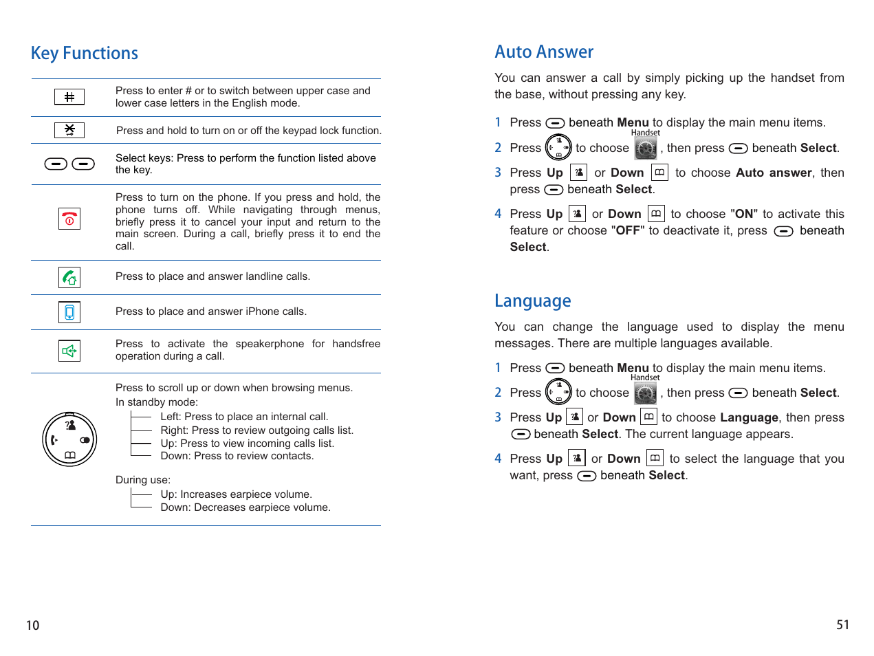 Key functions, Auto answer language | iCreation i-700 User Manual | Page 52 / 62