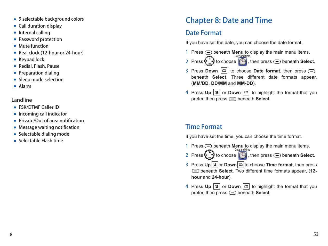 Chapter 8: date and time, Date format time format | iCreation i-700 User Manual | Page 54 / 62