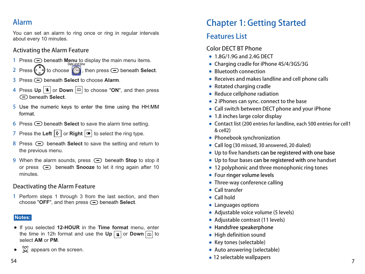 Chapter 1: getting started, Features list, Alarm | iCreation i-700 User Manual | Page 55 / 62