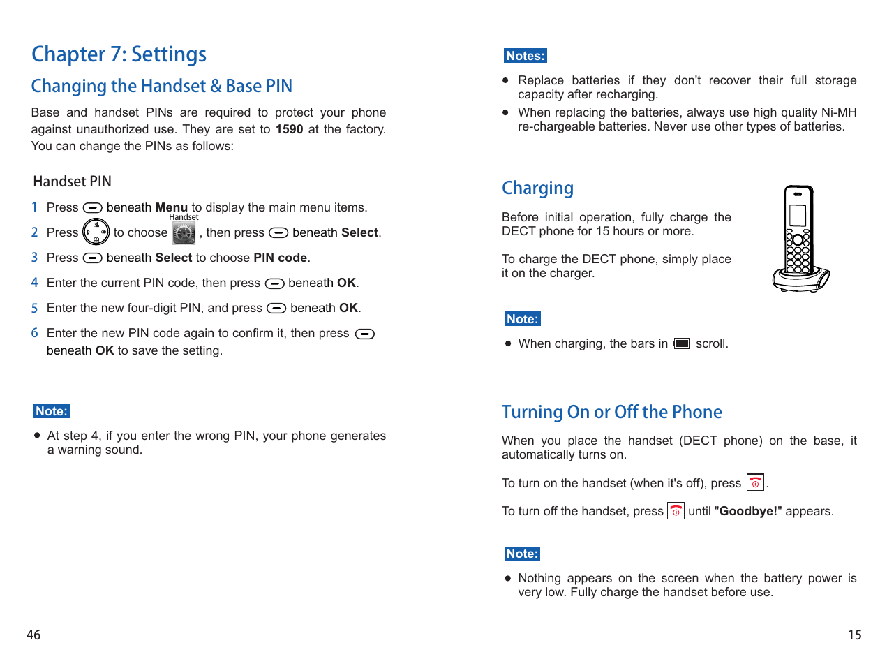 Chapter 7: settings, Turning on or off the phone, Changing the handset & base pin | Charging | iCreation i-700 Extension User Manual | Page 16 / 62