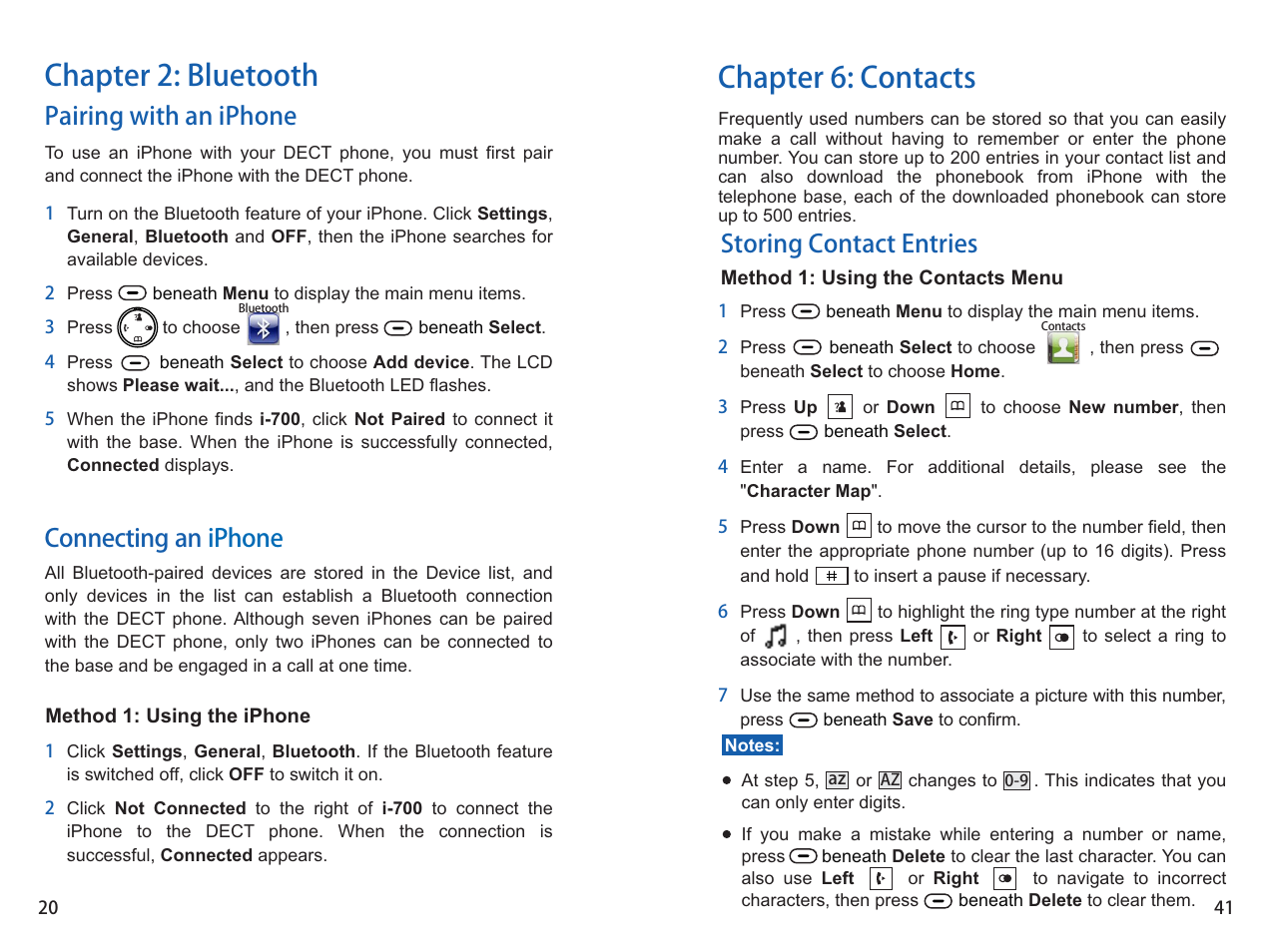 Chapter 2: bluetooth, Chapter 6: contacts, Pairing with an iphone connecting an iphone | Storing contact entries | iCreation i-700 Extension User Manual | Page 21 / 62