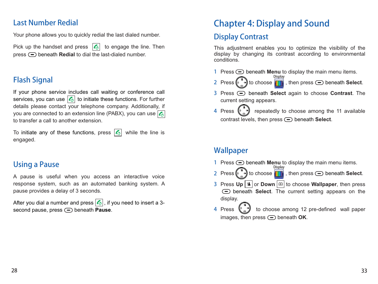 Chapter 4: display and sound, Display contrast wallpaper, Last number redial flash signal using a pause | iCreation i-700 Extension User Manual | Page 34 / 62