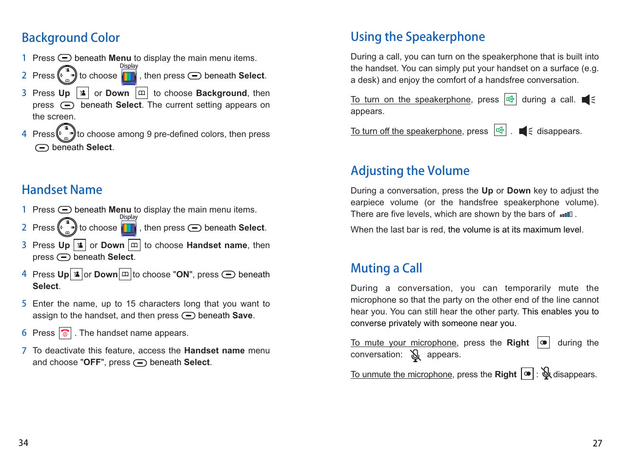 Background color handset name, Adjusting the volume muting a call, Using the speakerphone | iCreation i-700 Extension User Manual | Page 35 / 62