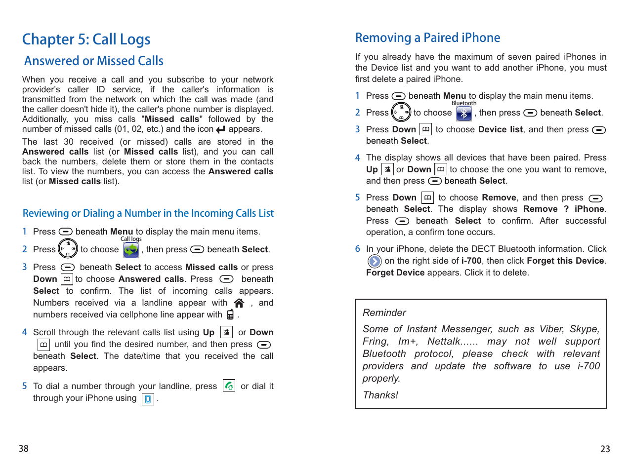 Chapter 5: call logs, Answered or missed calls, Removing a paired iphone | iCreation i-700 Extension User Manual | Page 39 / 62