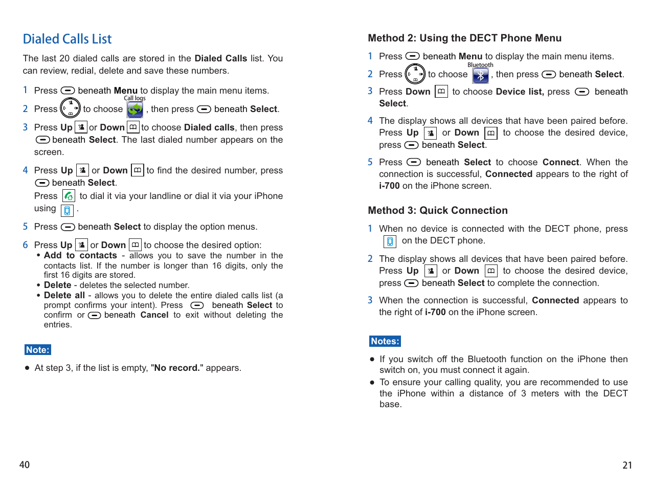 Dialed calls list | iCreation i-700 Extension User Manual | Page 41 / 62