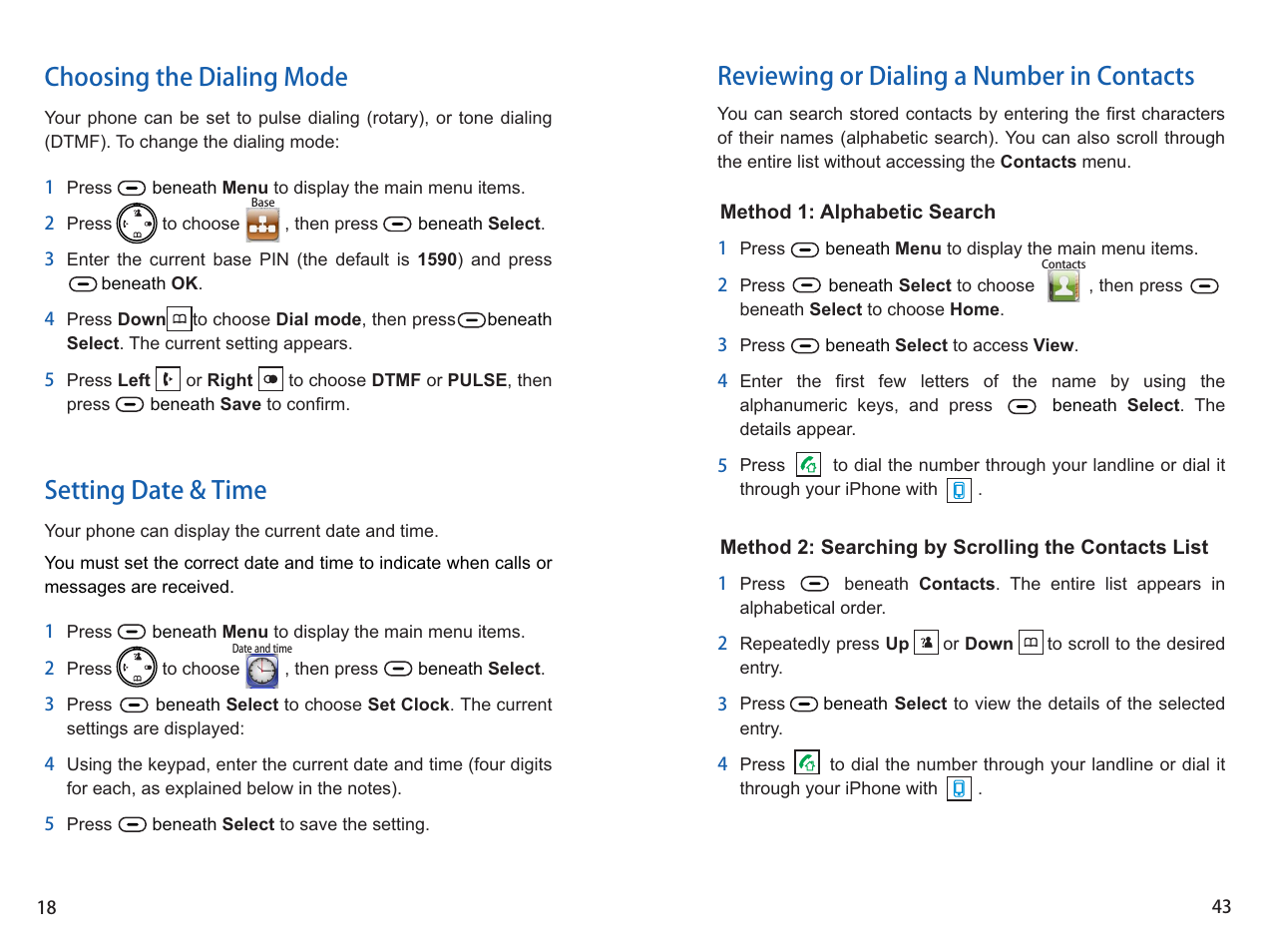 Choosing the dialing mode setting date & time, Reviewing or dialing a number in contacts | iCreation i-700 Extension User Manual | Page 44 / 62