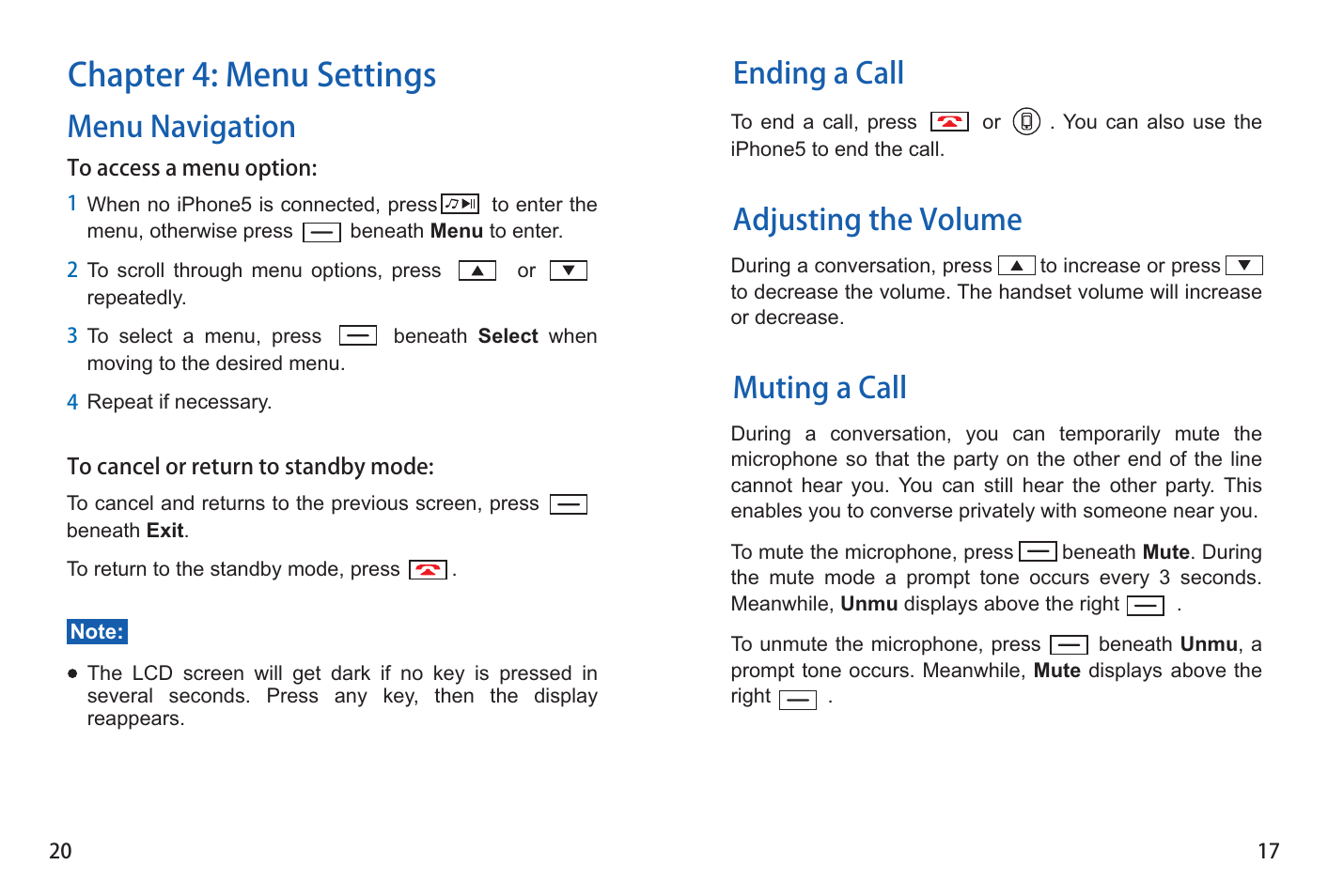 Chapter 4: menu settings, Muting a call, Adjusting the volume | Ending a call, Menu navigation | iCreation i-501 User Manual | Page 18 / 38