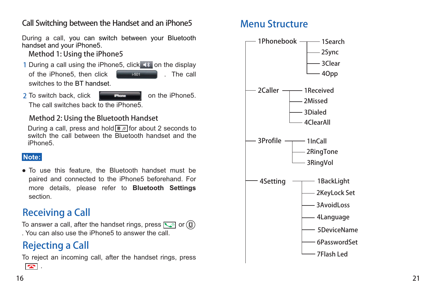 Receiving a call, Rejecting a call, Menu structure | iCreation i-501 User Manual | Page 22 / 38