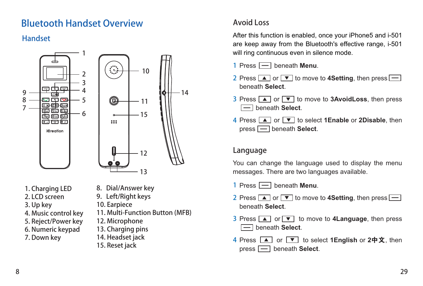 Bluetooth handset overview | iCreation i-501 User Manual | Page 9 / 38