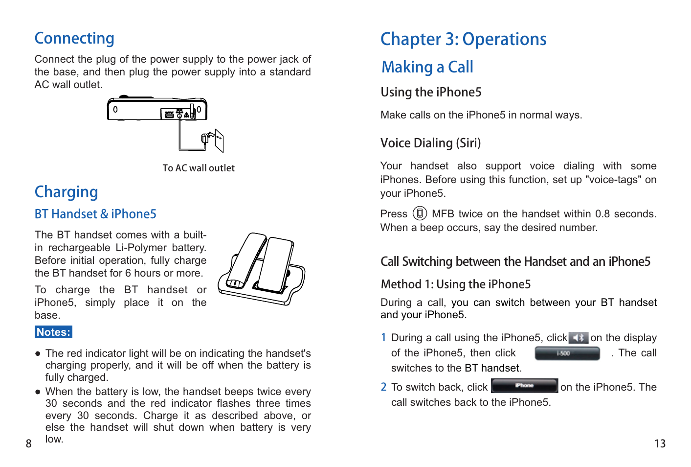 Chapter 3: operations, Connecting, Charging | Making a call | iCreation i-500 User Manual | Page 14 / 23