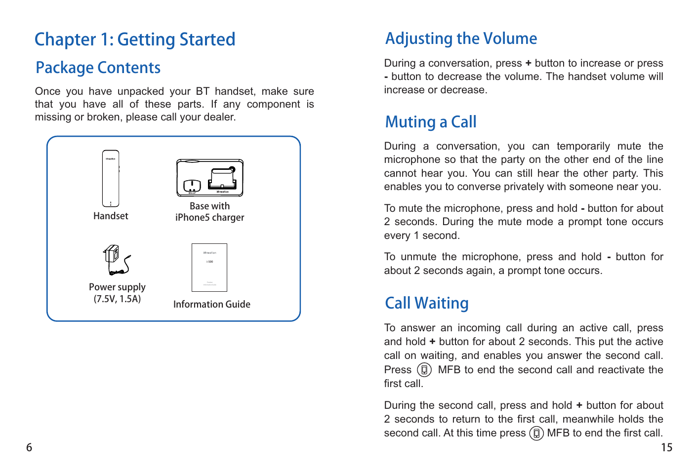 Chapter 1: getting started, Package contents, Muting a call call waiting | Adjusting the volume | iCreation i-500 User Manual | Page 16 / 23