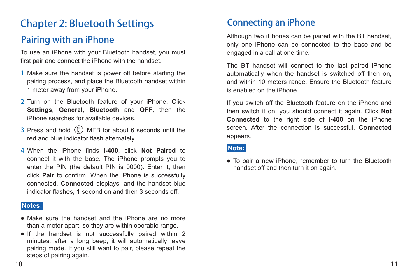 Chapter 2: bluetooth settings, Pairing with an iphone, Connecting an iphone | iCreation i-400 User Manual | Page 11 / 23