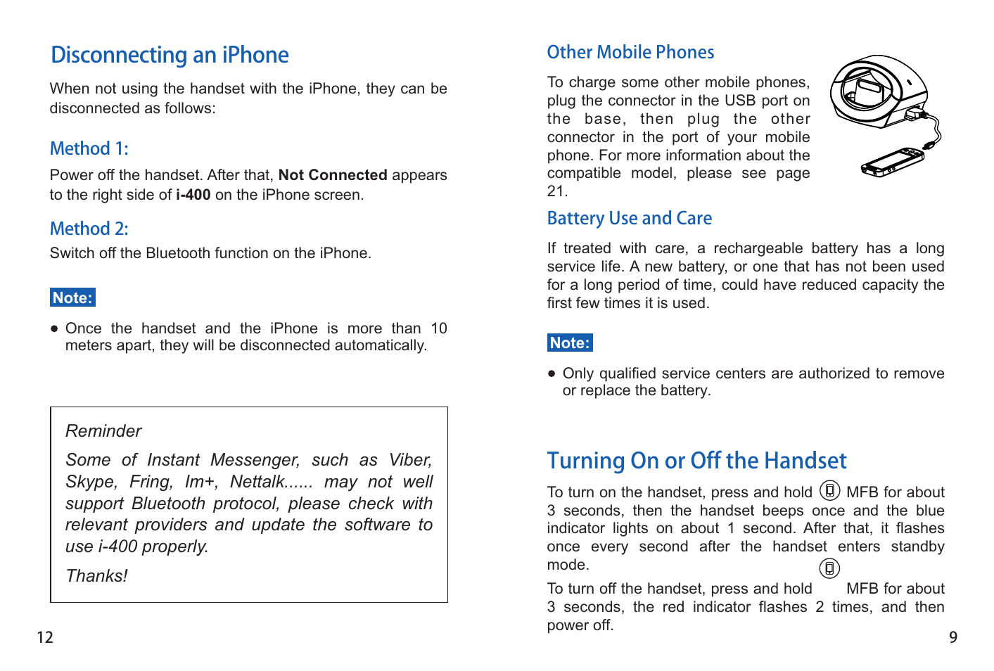 Turning on or off the handset, Disconnecting an iphone | iCreation i-400 User Manual | Page 13 / 23