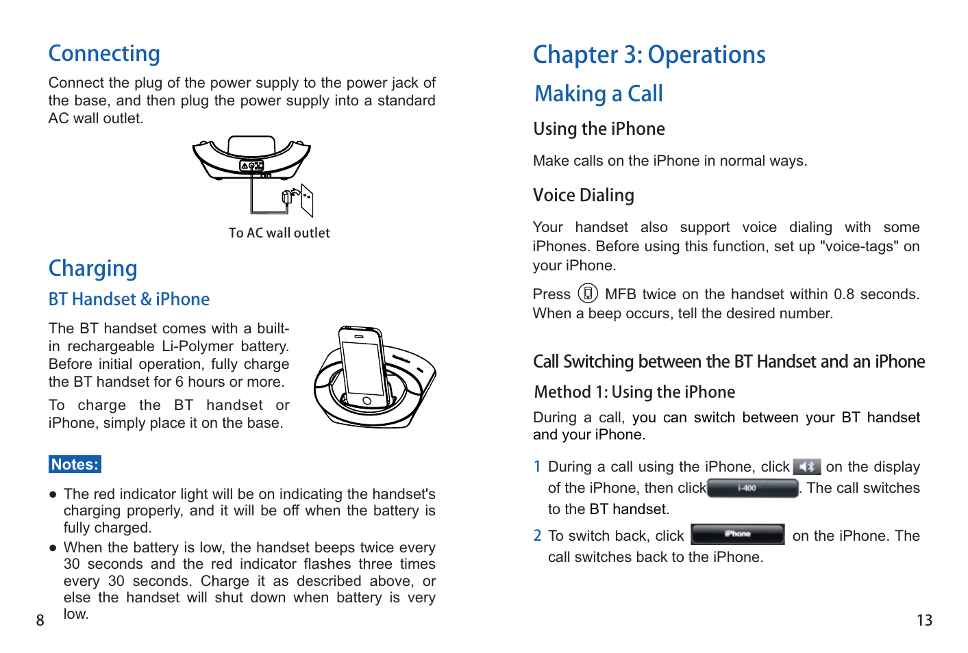 Chapter 3: operations, Connecting, Charging | Making a call | iCreation i-400 User Manual | Page 14 / 23