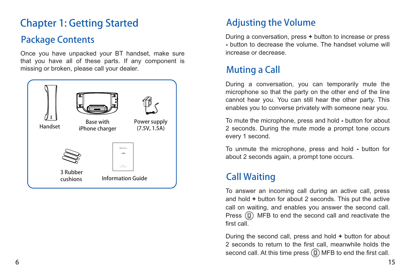 Chapter 1: getting started, Package contents, Muting a call call waiting | Adjusting the volume | iCreation i-400 User Manual | Page 16 / 23