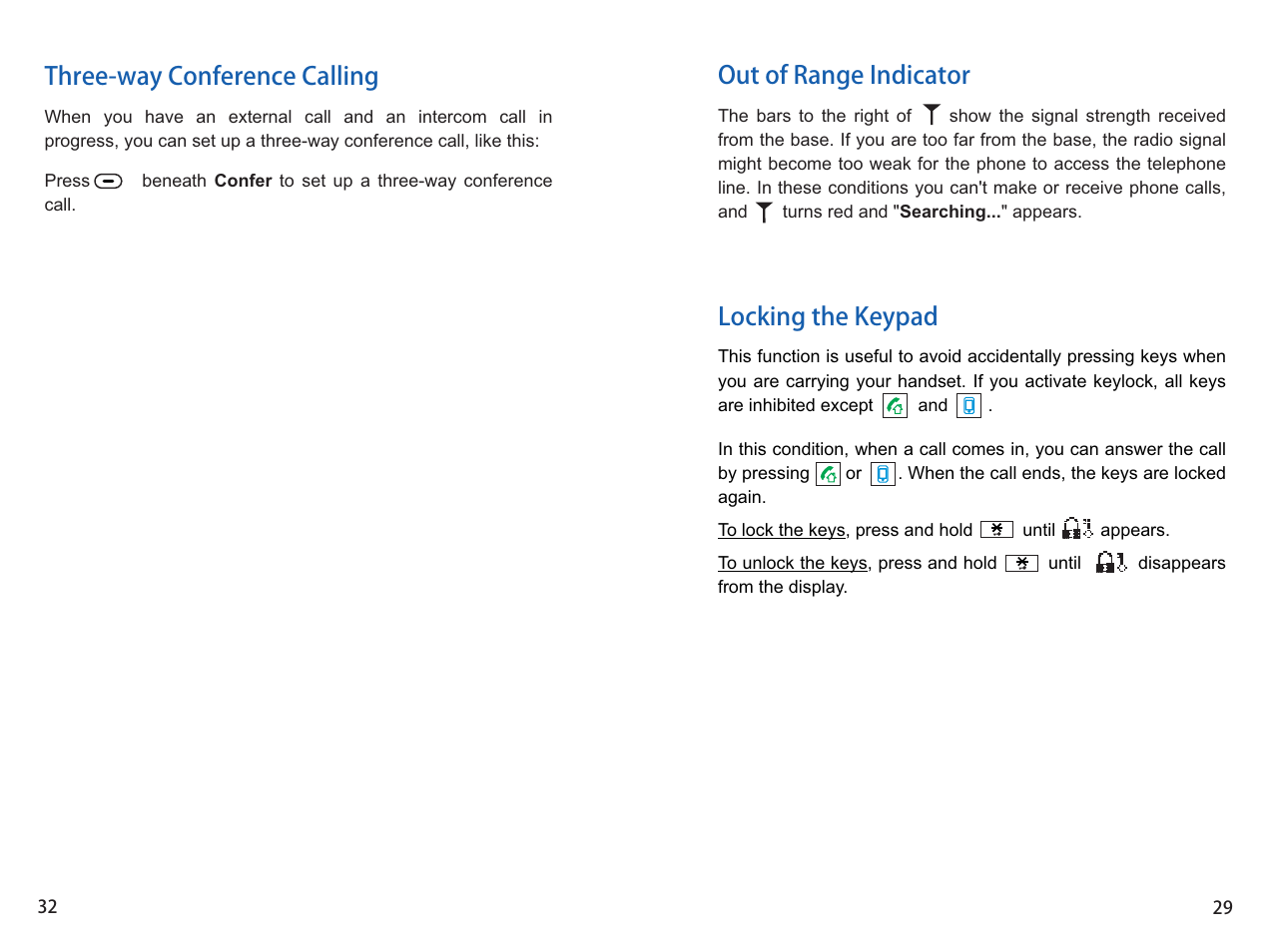Three-way conference calling, Out of range indicator locking the keypad | iCreation G-700 user vanual User Manual | Page 30 / 62
