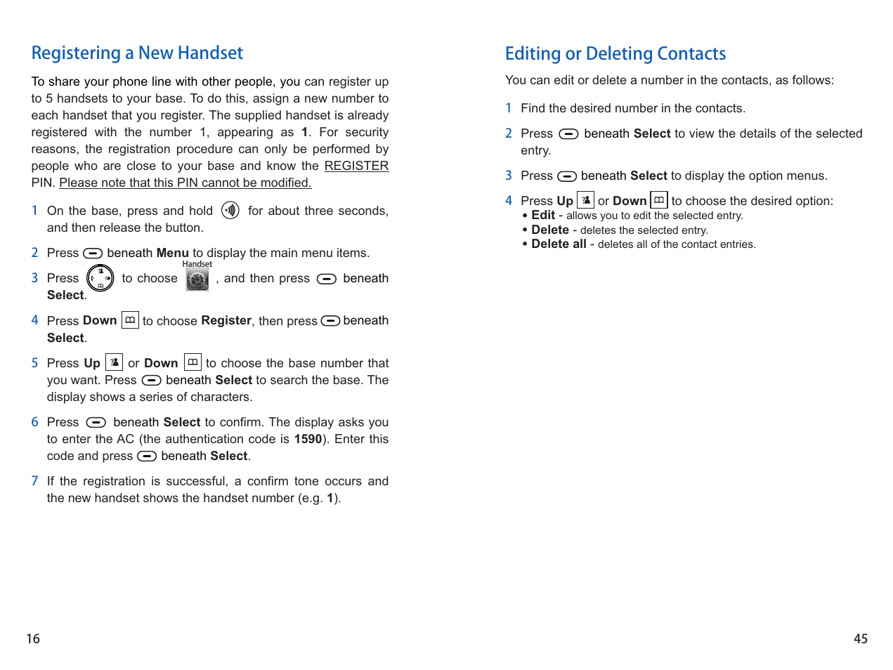 Registering a new handset, Editing or deleting contacts | iCreation G-700 user vanual User Manual | Page 46 / 62