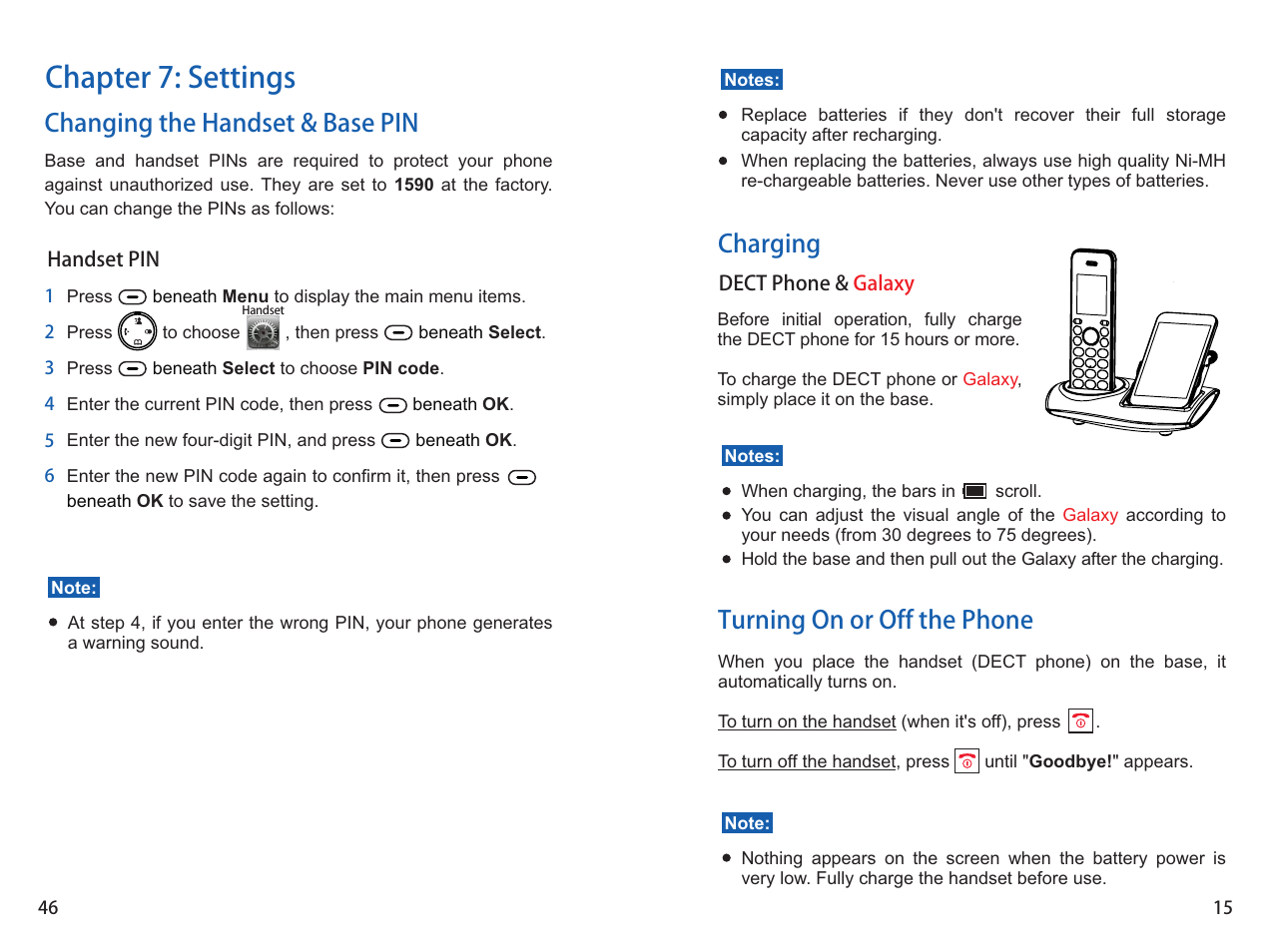 Chapter 7: settings, Charging, Turning on or off the phone | Changing the handset & base pin | iCreation G-700 user vanual User Manual | Page 47 / 62