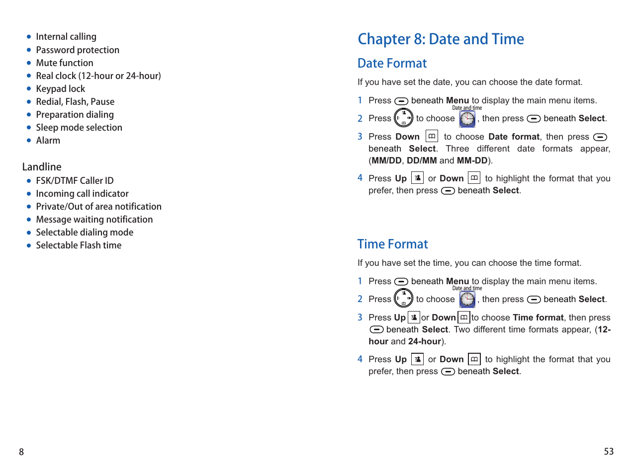 Chapter 8: date and time, Date format time format | iCreation G-700 user vanual User Manual | Page 54 / 62