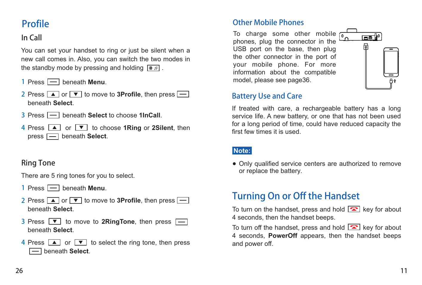 Profile, Turning on or off the handset | iCreation G-501 User Manual | Page 12 / 38