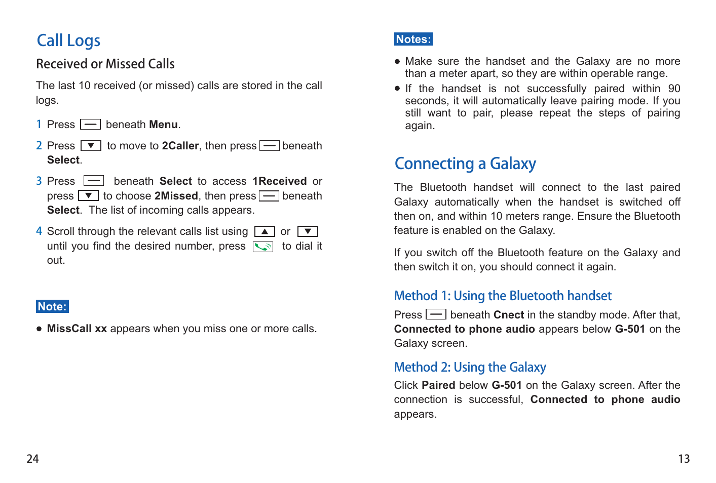 Connecting a galaxy, Call logs | iCreation G-501 User Manual | Page 14 / 38