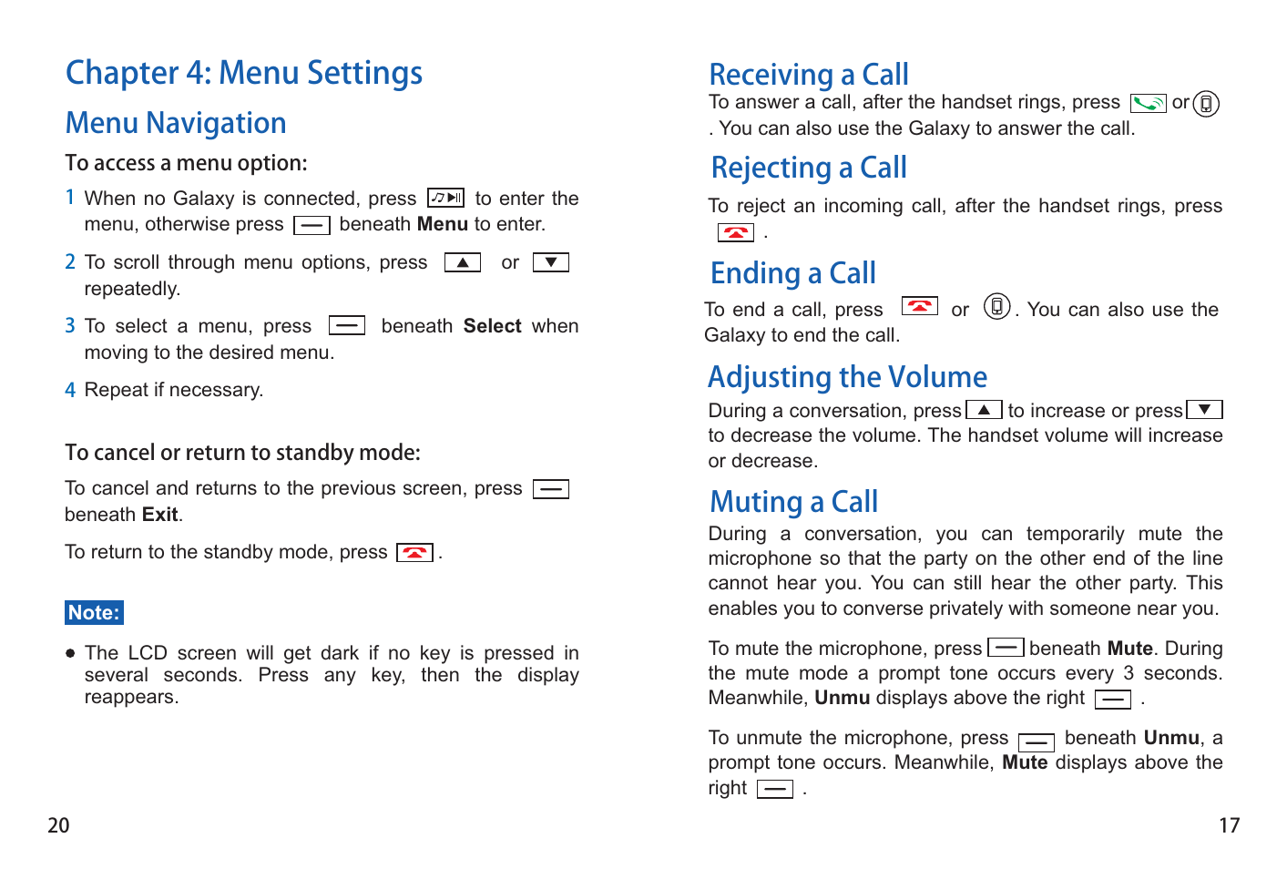 Chapter 4: menu settings, Menu navigation, Muting a call | Adjusting the volume, Ending a call, Receiving a call, Rejecting a call | iCreation G-501 User Manual | Page 21 / 38