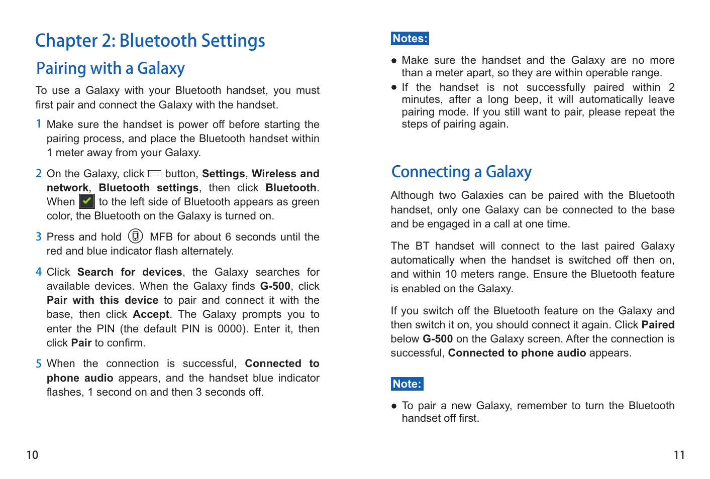 Chapter 2: bluetooth settings, Pairing with a galaxy, Connecting a galaxy | iCreation G-500 User Manual | Page 12 / 23