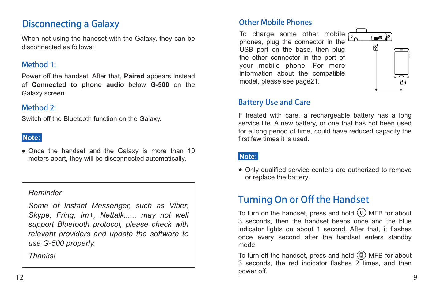 Turning on or off the handset, Disconnecting a galaxy | iCreation G-500 User Manual | Page 13 / 23