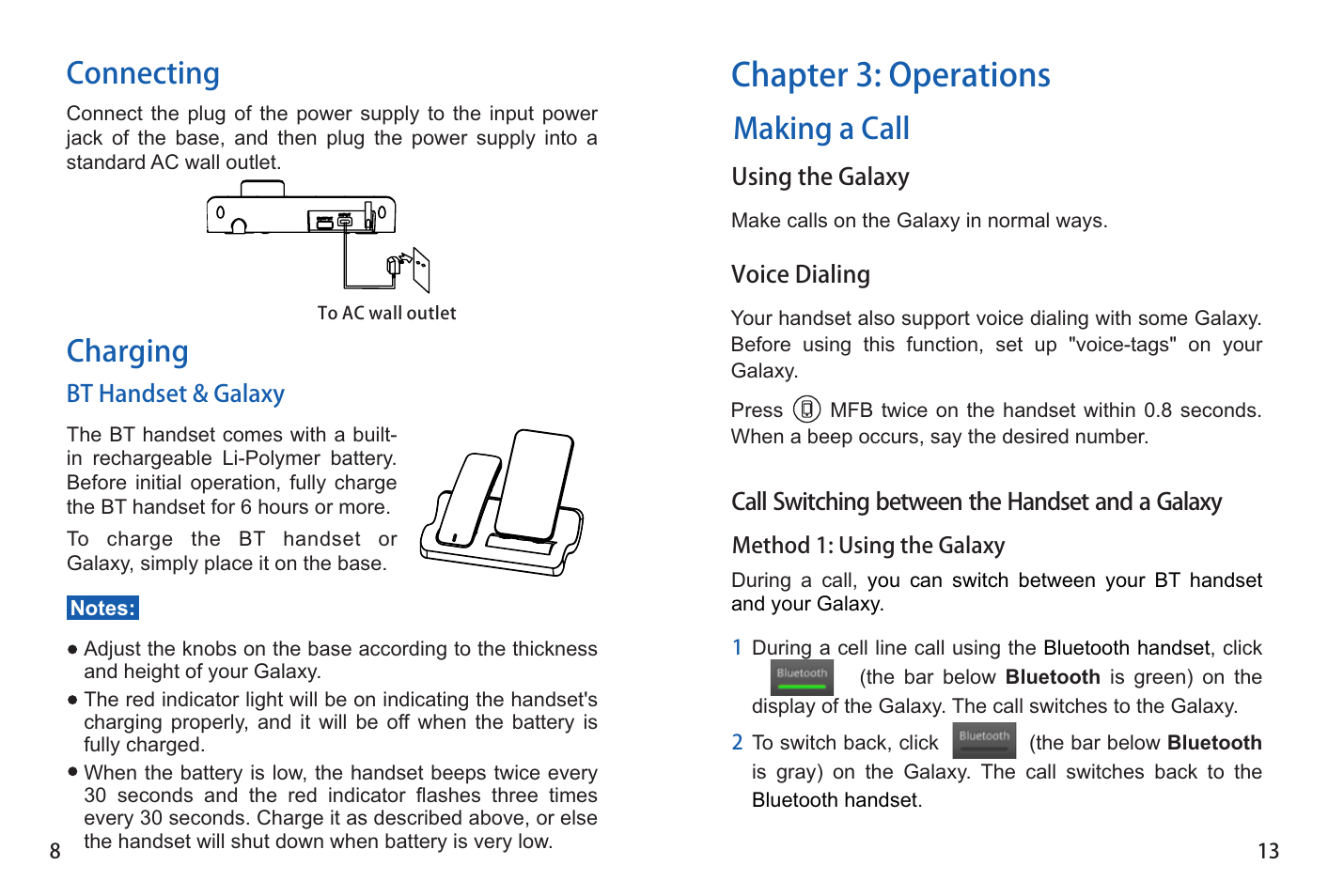 Chapter 3: operations, Connecting, Charging | Making a call | iCreation G-500 User Manual | Page 14 / 23