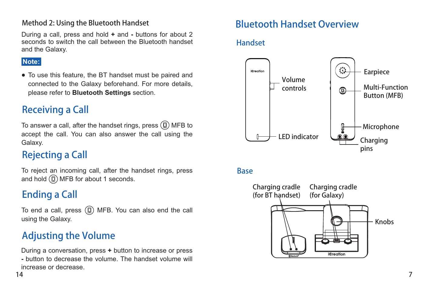Bluetooth handset overview, Receiving a call rejecting a call ending a call, Adjusting the volume | iCreation G-500 User Manual | Page 15 / 23