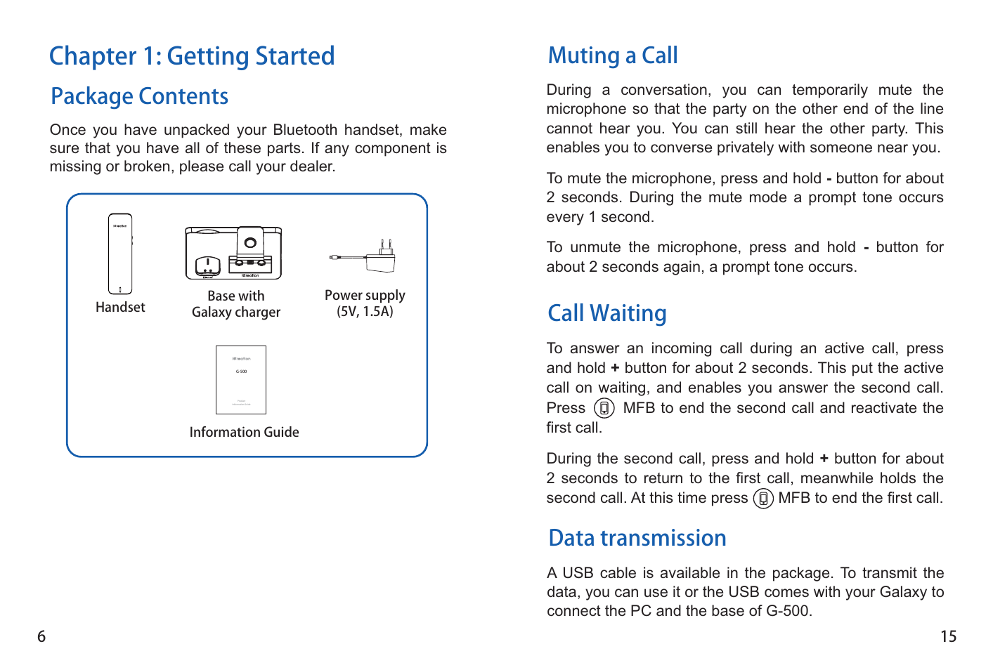Chapter 1: getting started, Package contents, Muting a call call waiting | Data transmission | iCreation G-500 User Manual | Page 7 / 23