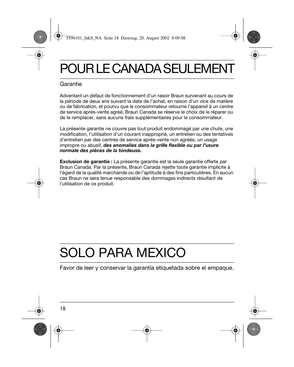 Pour le canada seulement, Solo para mexico | Braun 5596 User Manual | Page 18 / 25