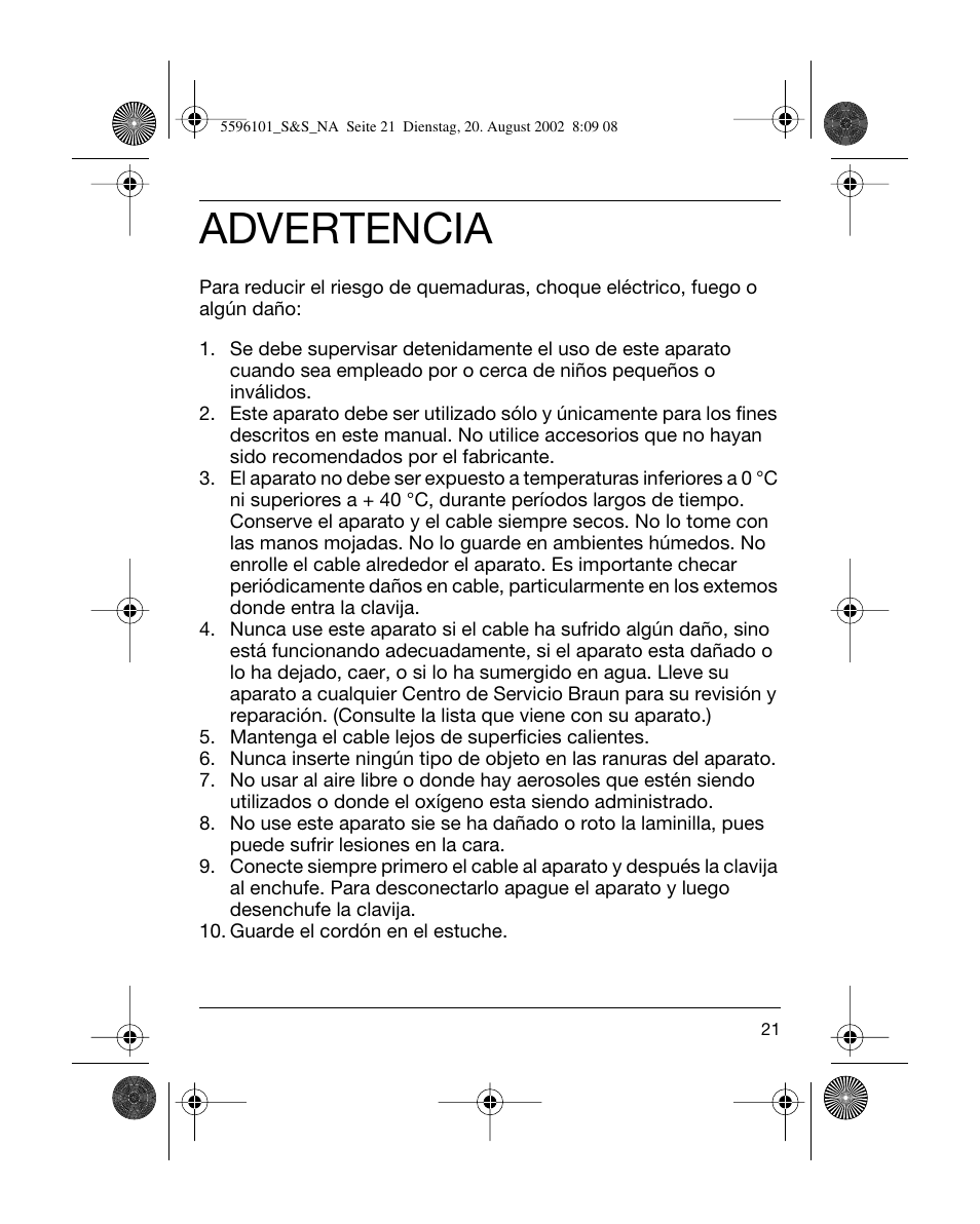 Advertencia | Braun 5596 User Manual | Page 21 / 25