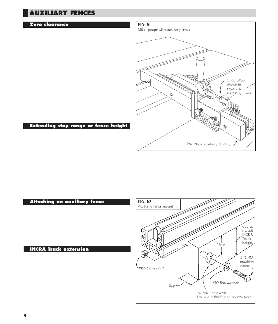 Auxiliary fences, Zero clearance, Extending stop range or fence height | Attaching an auxiliary fence, Incra track extension | INCRA Track & Shop Stop User Manual | Page 4 / 8