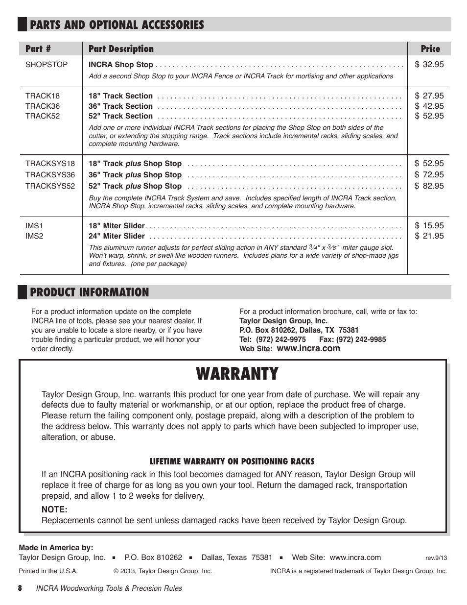 Warranty, Parts and optional accessories product information | INCRA Track & Shop Stop User Manual | Page 8 / 8