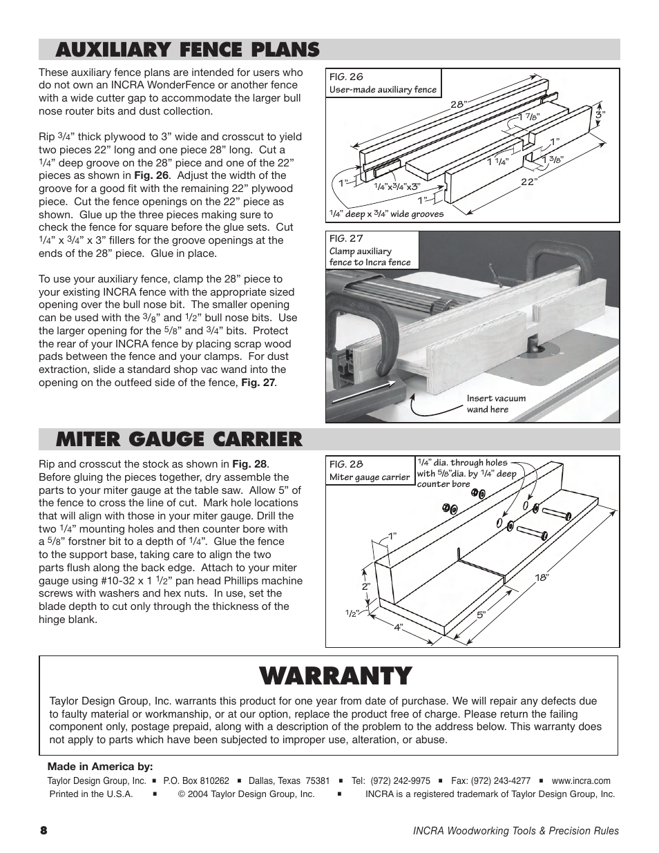 Warranty, Auxiliary fence plans miter gauge carrier | INCRA HingeCrafter User Manual | Page 8 / 8