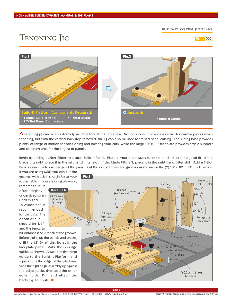 Tenoning jig, Build-it system jig plans | INCRA Miter Slider User Manual | Page 8 / 8