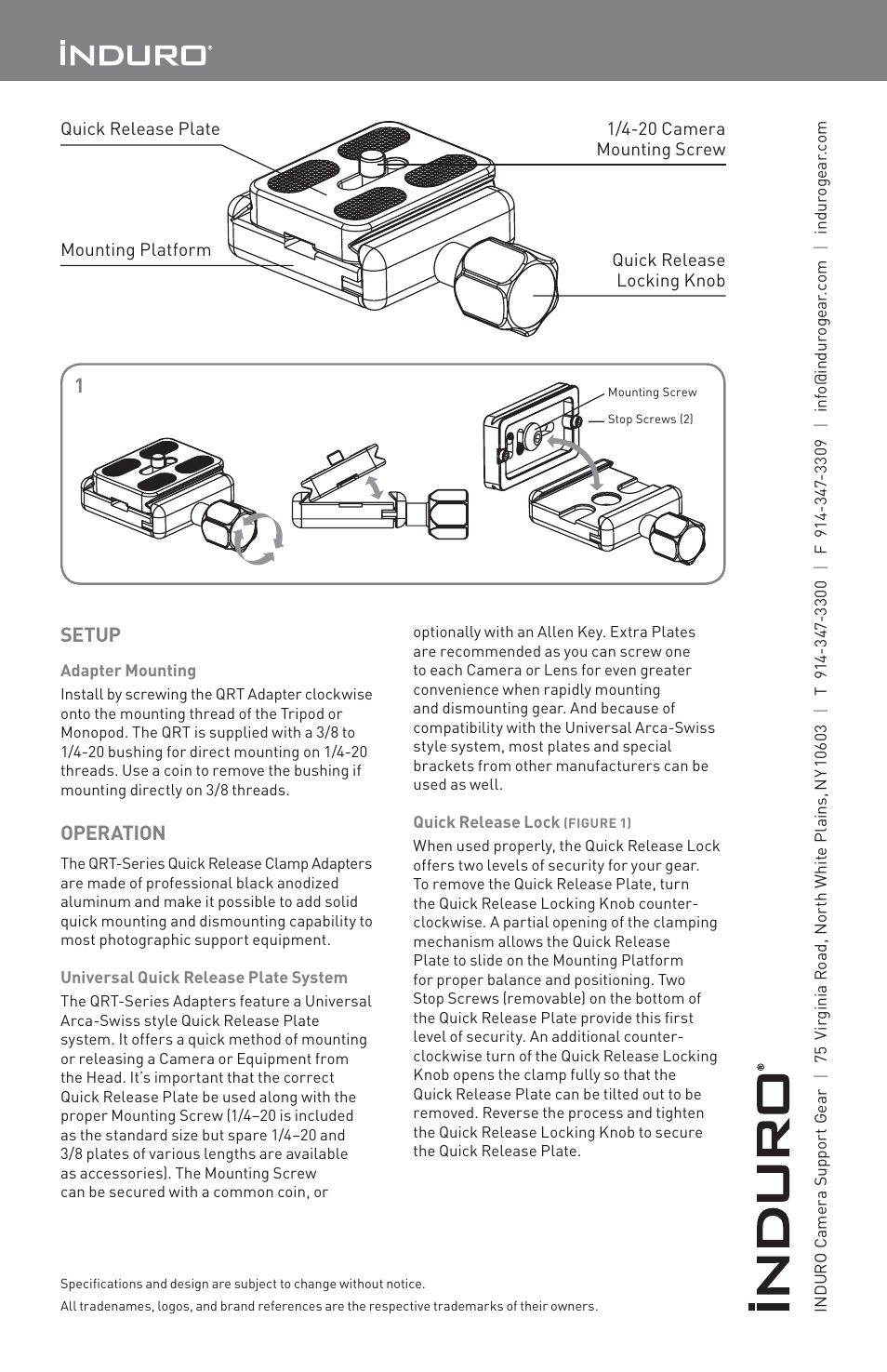 Setup, Operation | Induro QRT-Series Quick Release Clamp Adapter User Manual | Page 2 / 2