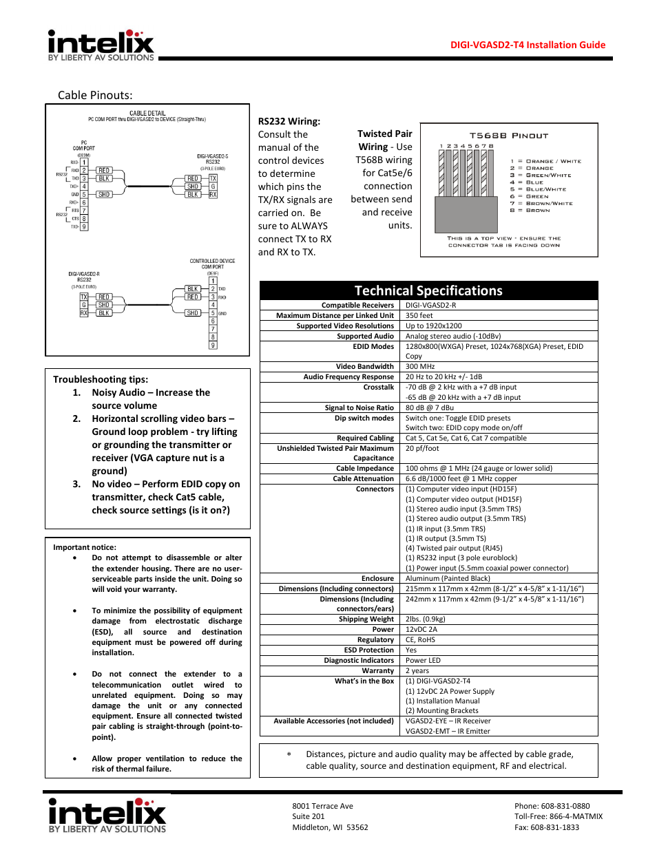 Technical specifications, Cable pinouts | Intelix DIGI-VGASD2-T4 User Manual | Page 2 / 2