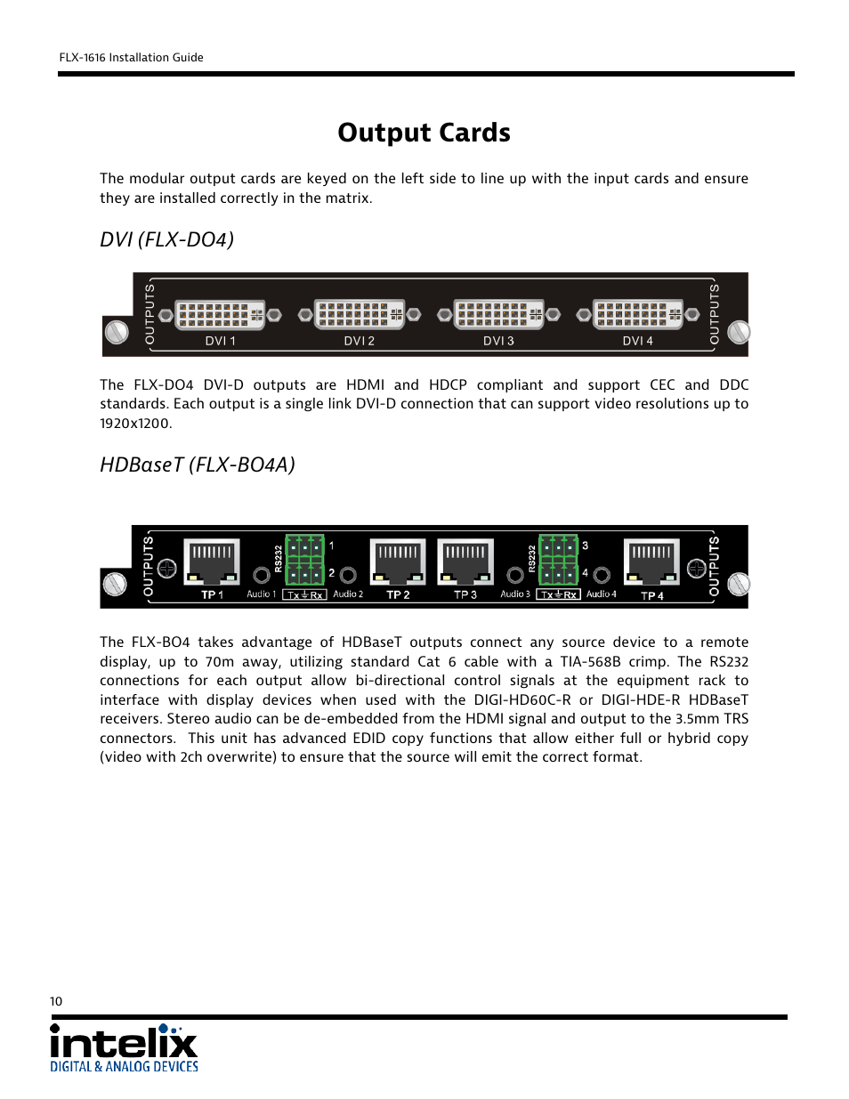 Output cards, Dvi (flx-do4), Hdbaset (flx-bo4a) | Intelix FLX-1616 User Manual | Page 10 / 36