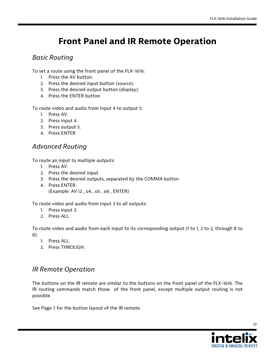 Front panel and ir remote operation, Basic routing, Advanced routing | Ir remote operation | Intelix FLX-1616 User Manual | Page 17 / 36