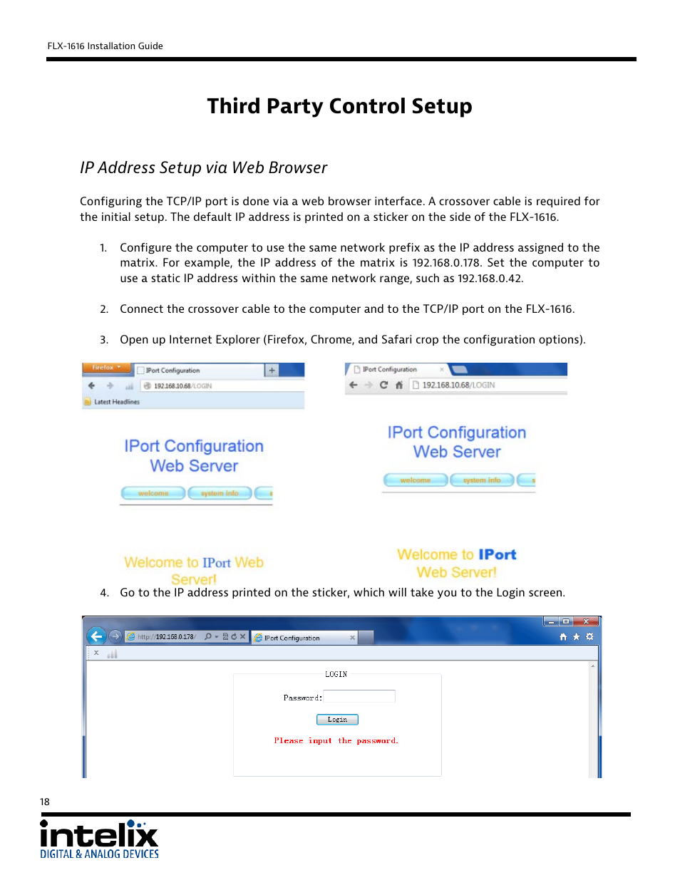 Third party control setup, Ip address setup via web browser | Intelix FLX-1616 User Manual | Page 18 / 36